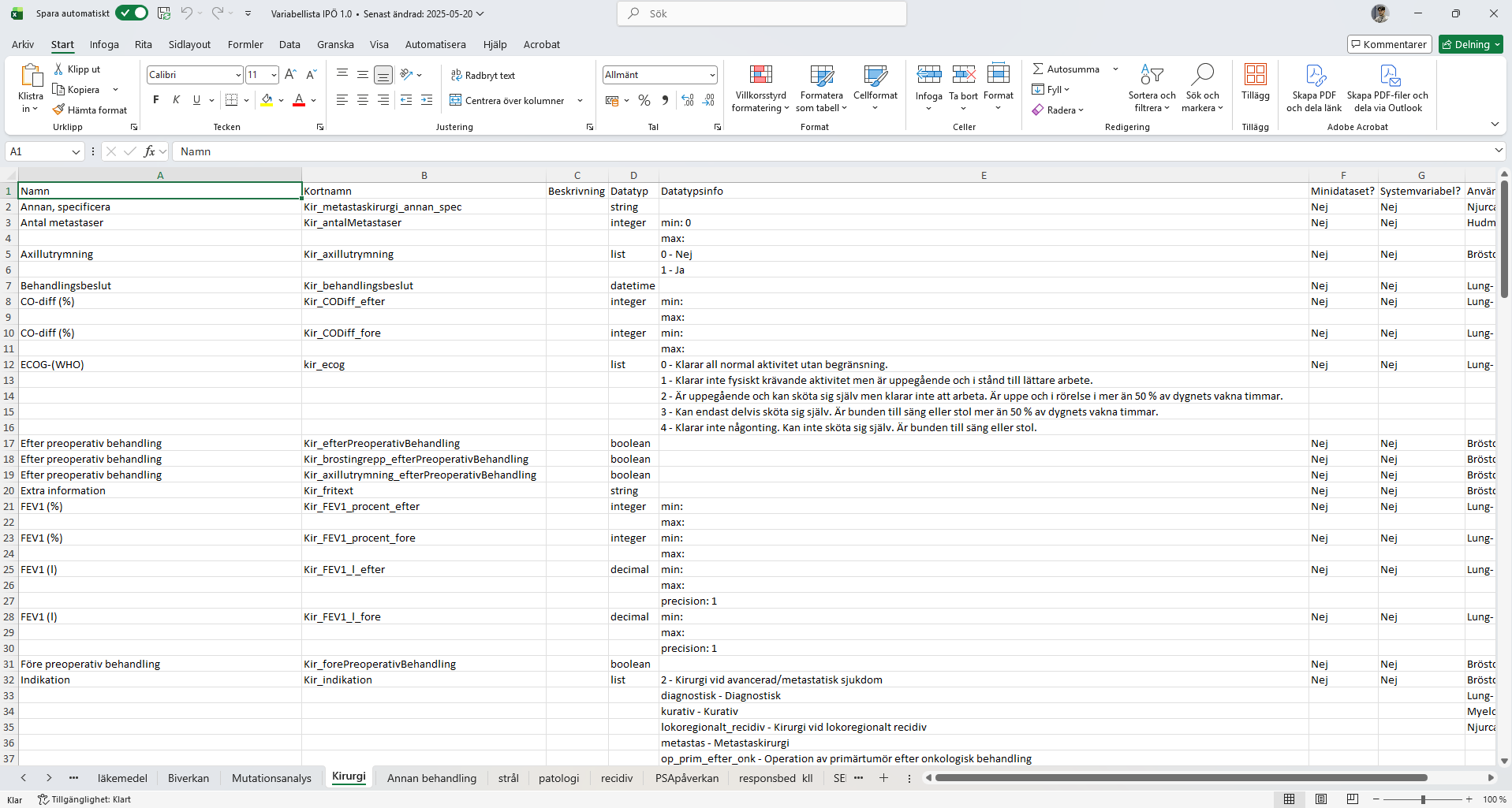 Screenshot of the Excel variable sheet containing hundreds of backend variables with terminology, data types, input types, and dependency definitions for the IPÖ system