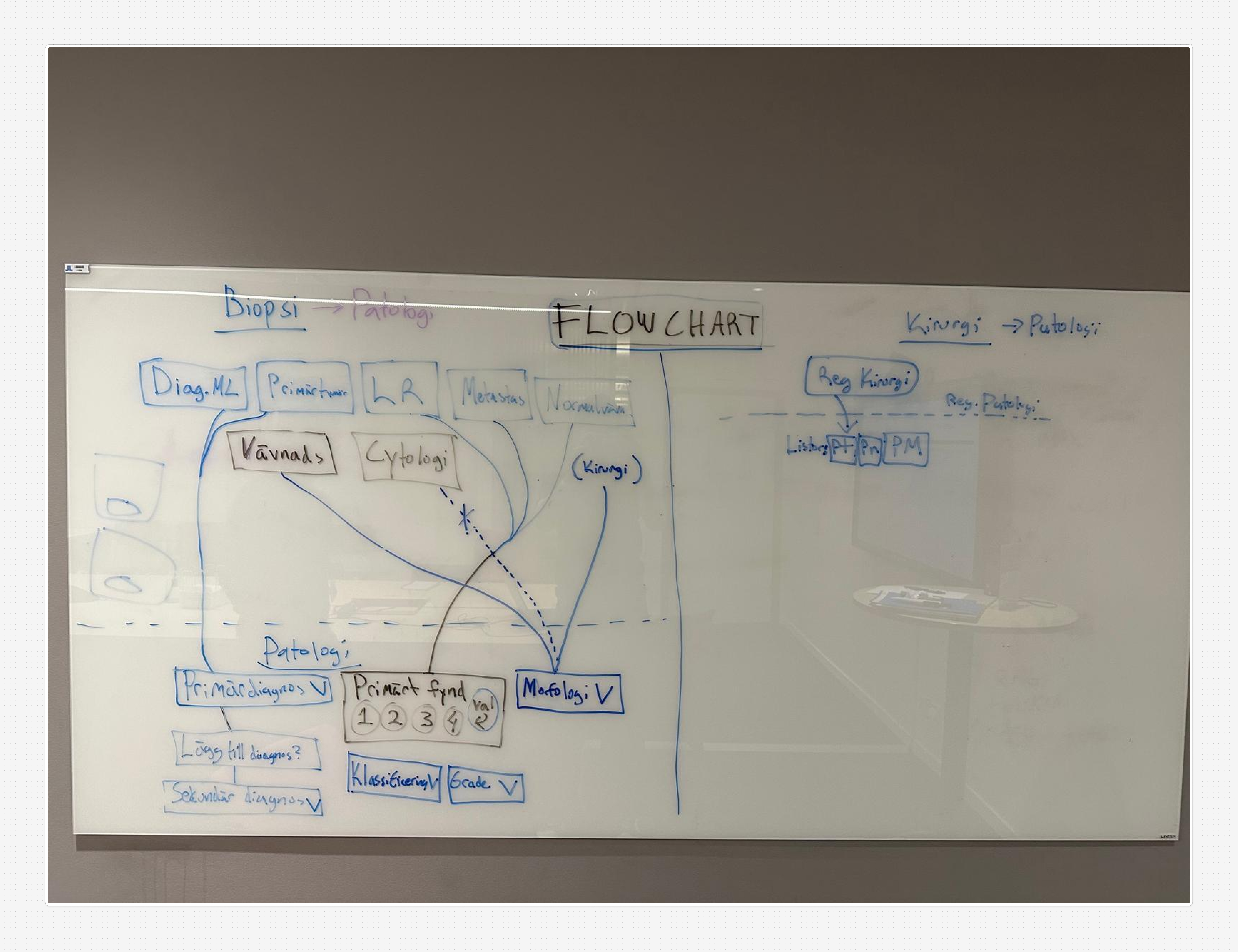 Whiteboard photo showing hand-drawn flow diagrams mapping user journeys through the IPÖ system, created during collaborative workshop sessions