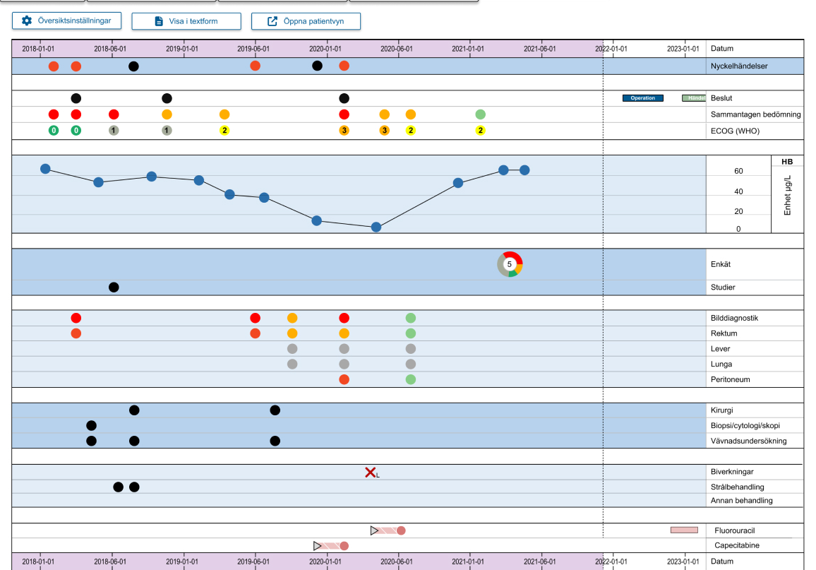 Structured timeline visualisation wireframe showing how patient data and treatment history is displayed chronologically in IPÖ 2.0